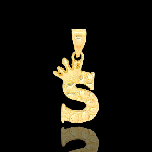 14K Gold Initial Pendant with Crown Nugget Style - 17mm