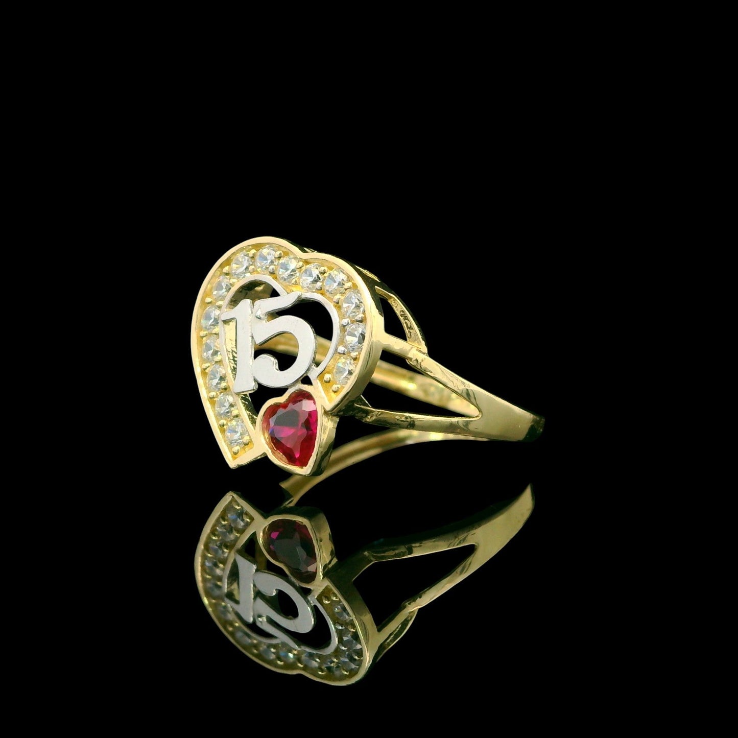 14K Solid Gold Quinceañera “15” Heart Ring with Ruby-Red Heart Accent
