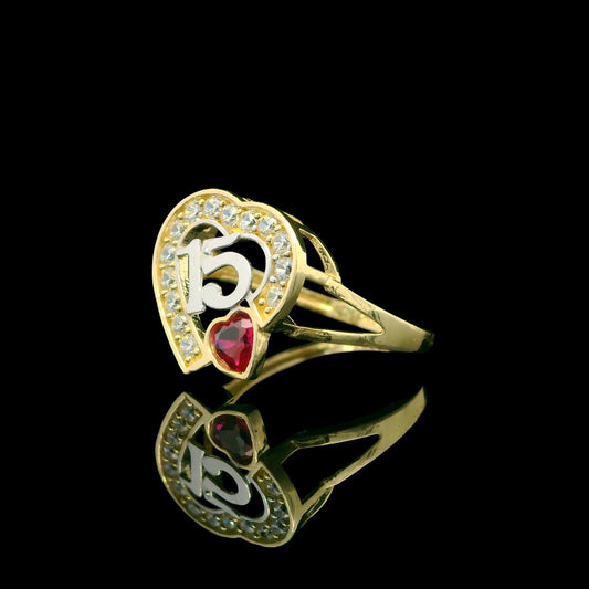 14K Solid Gold Quinceañera “15” Heart Ring with Ruby-Red Heart Accent