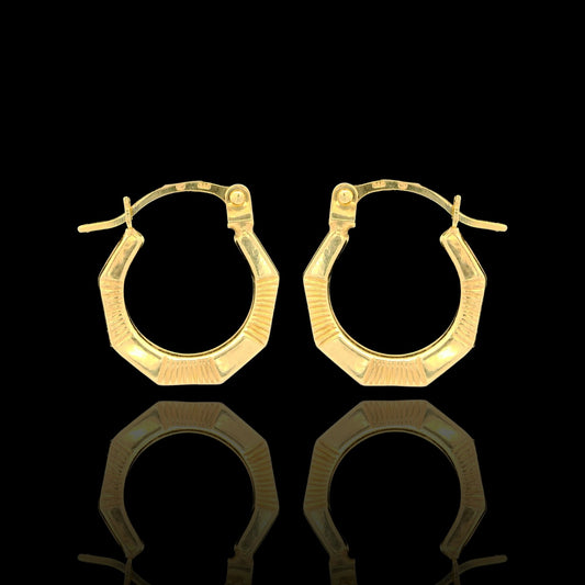 14K Solid Yellow Gold Polished Ribbed Texture Octagon Mini Hoop Earrings - 12mm