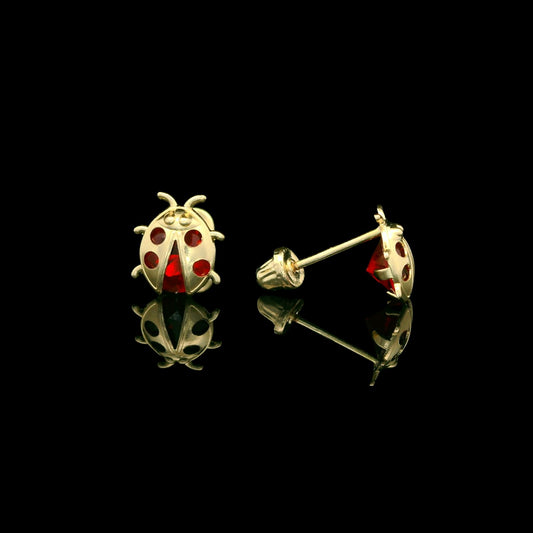 14K Gold Ladybug Stud Earrings Red CZ - 7mm