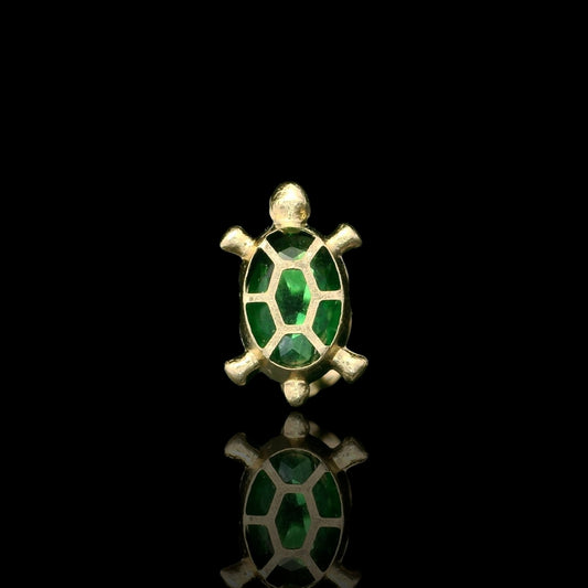 14K Gold Turtle Stud Earrings with Inlaid Oval CZ - 9mm