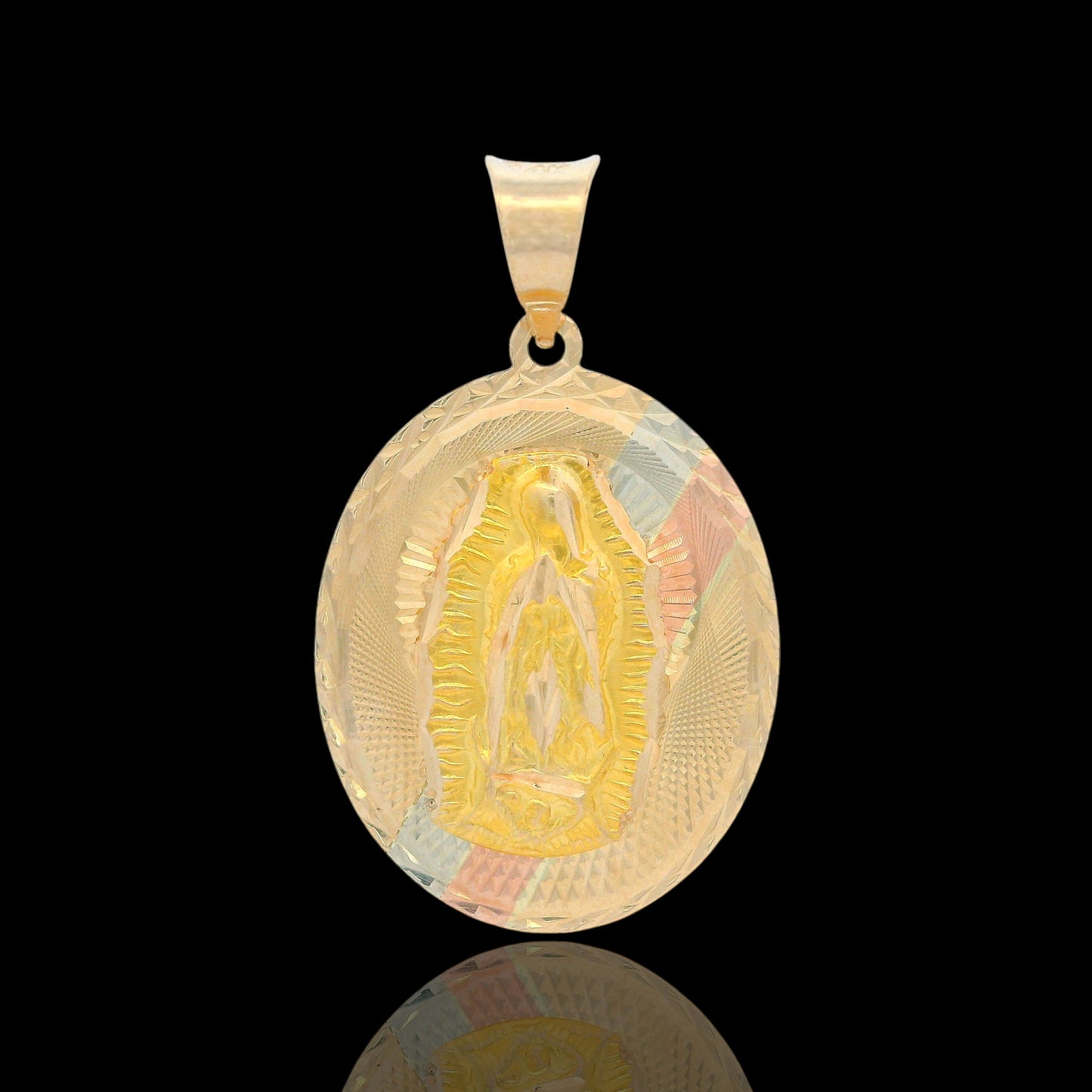14K Tri-Color Classic Diamond Cut Guadalupe Virgin Oval - 22mm