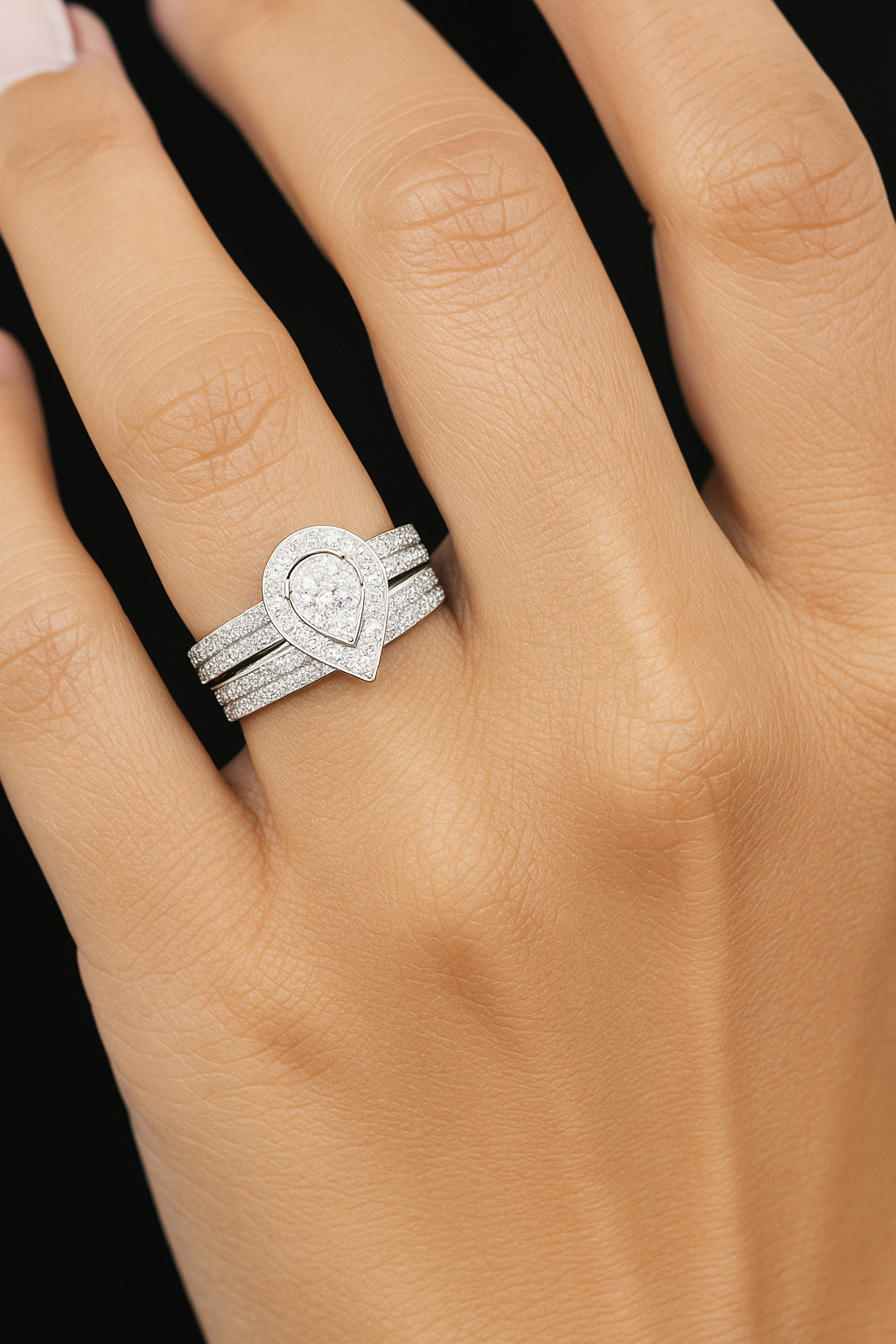 14K White Gold Wedding Band Duo with Pear-Shaped Diamond Cluster