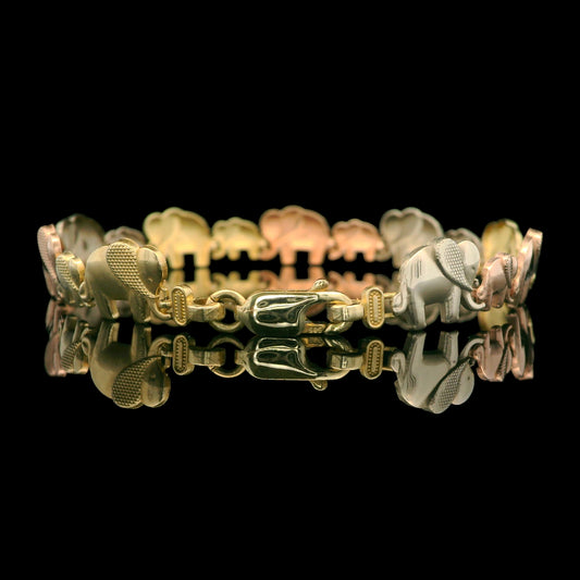 14K Tri-Color Elephant Link Bracelet, Textured Finish– 9mm - 7”