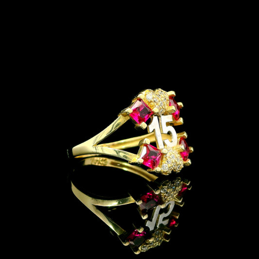 14K Gold “15” Ring Ruby-Red CZ Accents + Sparkly Heart Accent - 15mm
