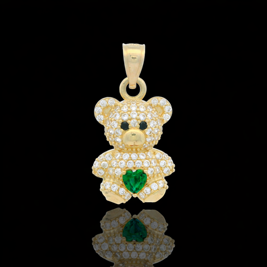 14K Gold Teddy Bear pave Pendant with Colored Heart