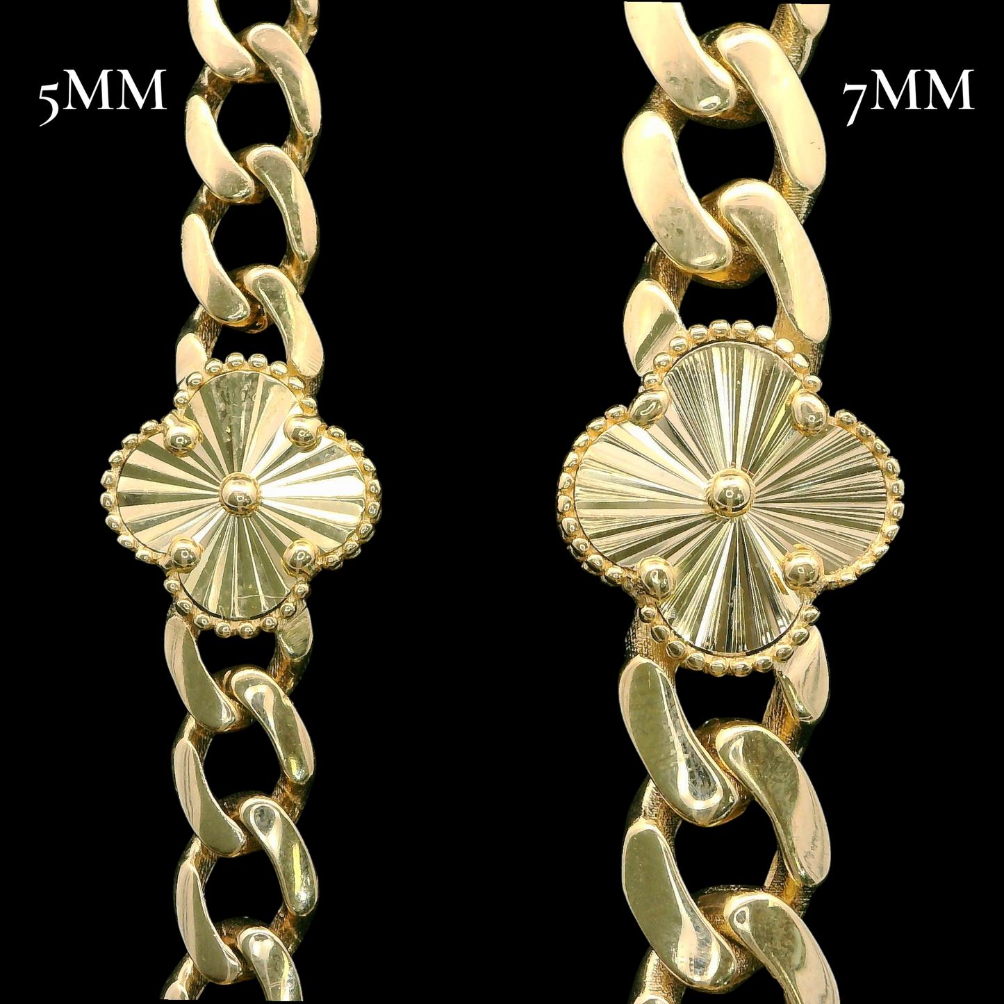14K Light Cuban Link Bracelet with Diamond-Cut Flowers 7.5in