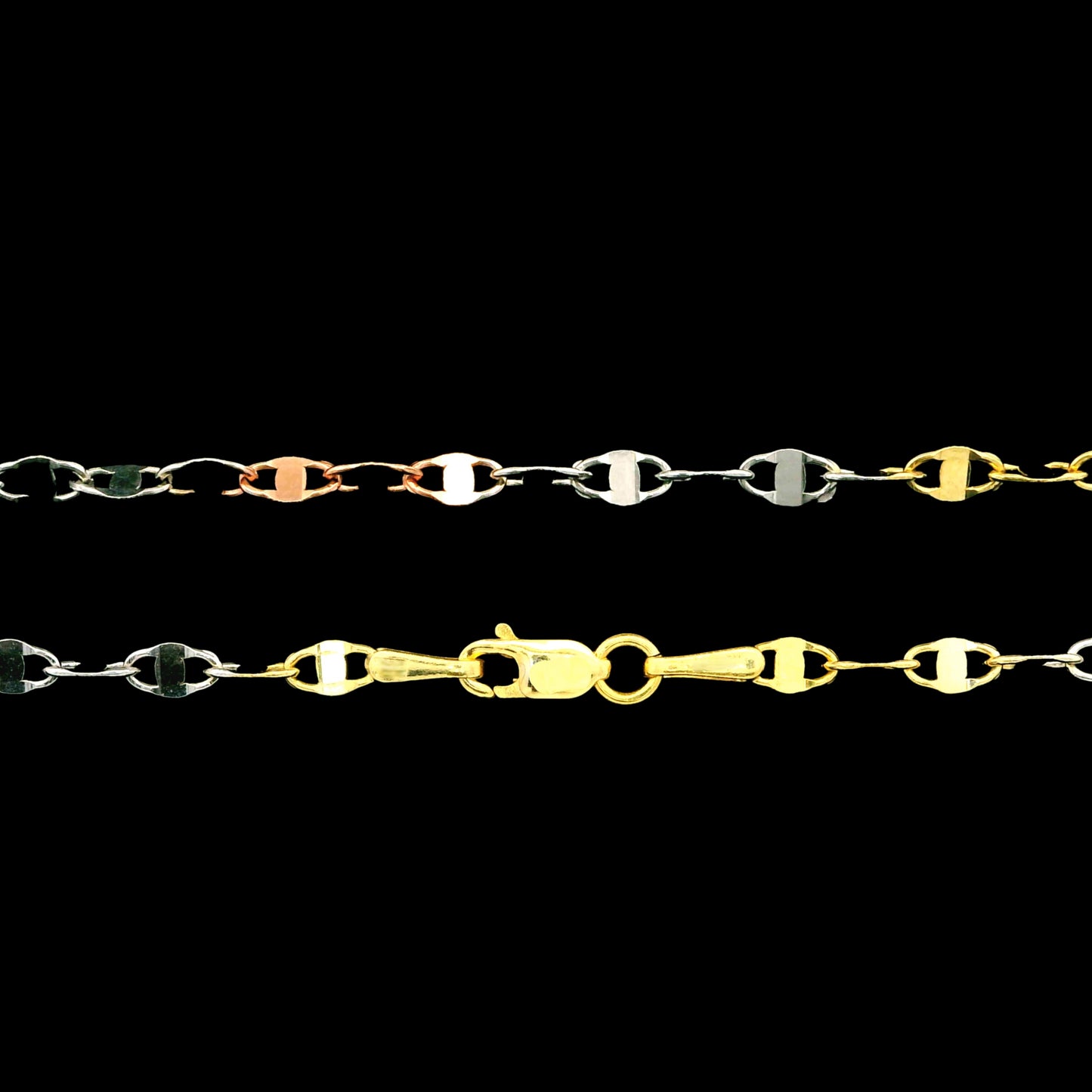 14K Gold 2mm Tri-Color Mariner Twist Chain (16”, 18”, 20”)