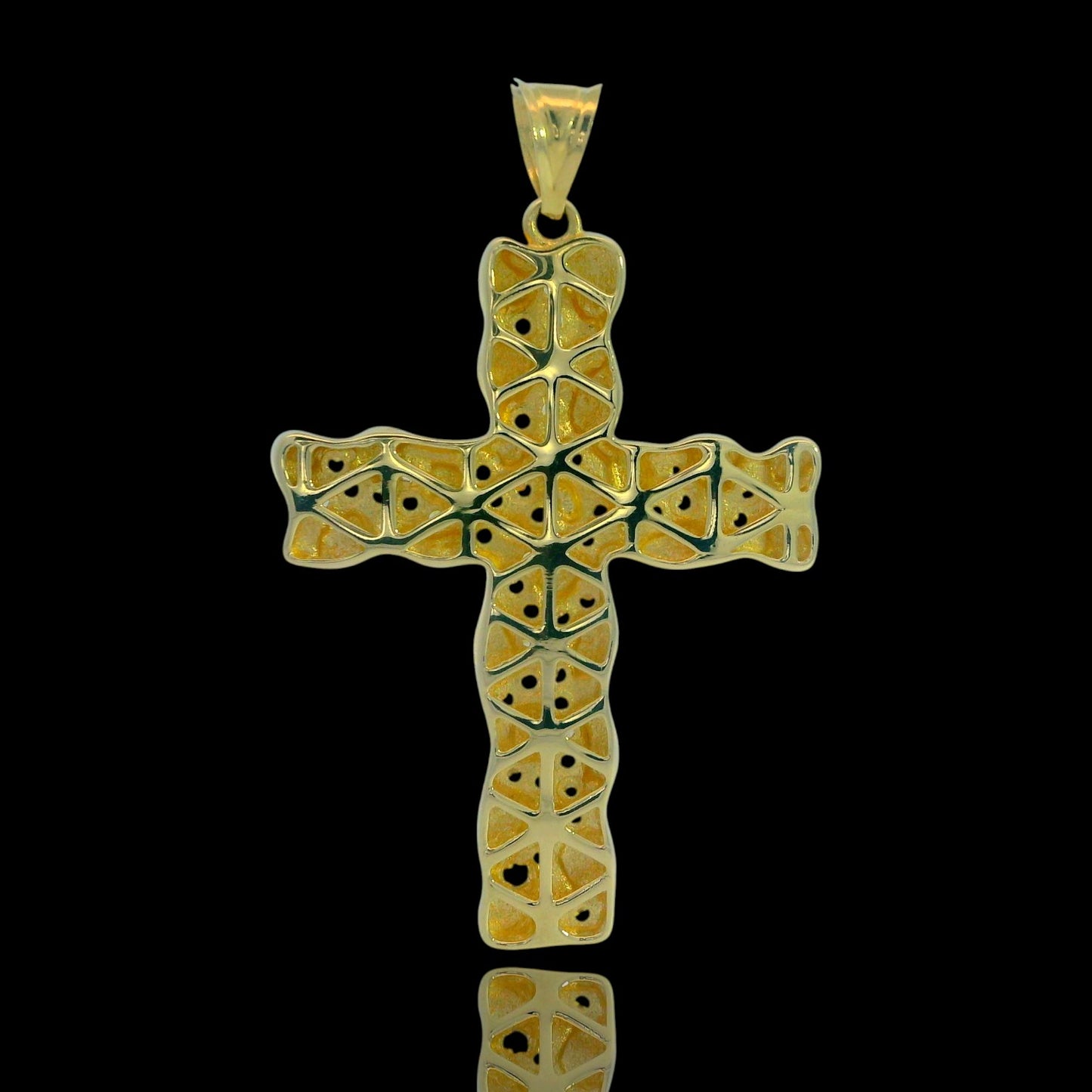 14K Yellow Gold Nugget CZ Cross Pendant - 38mm