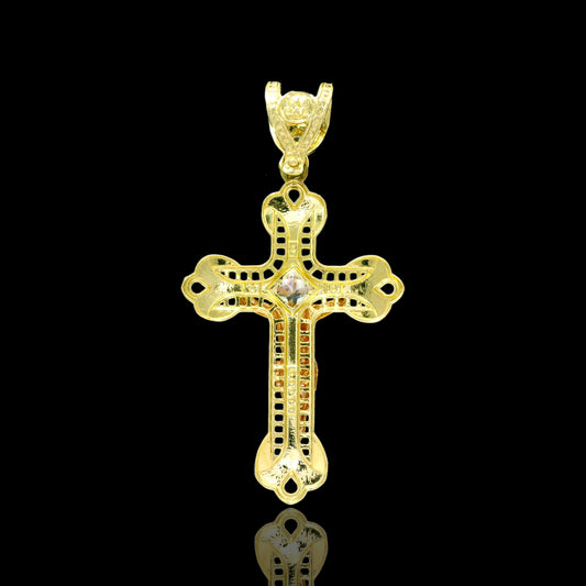 14K Gold & CZ Bail Baroque Crucifix Pendant with Tri-Tone Christ