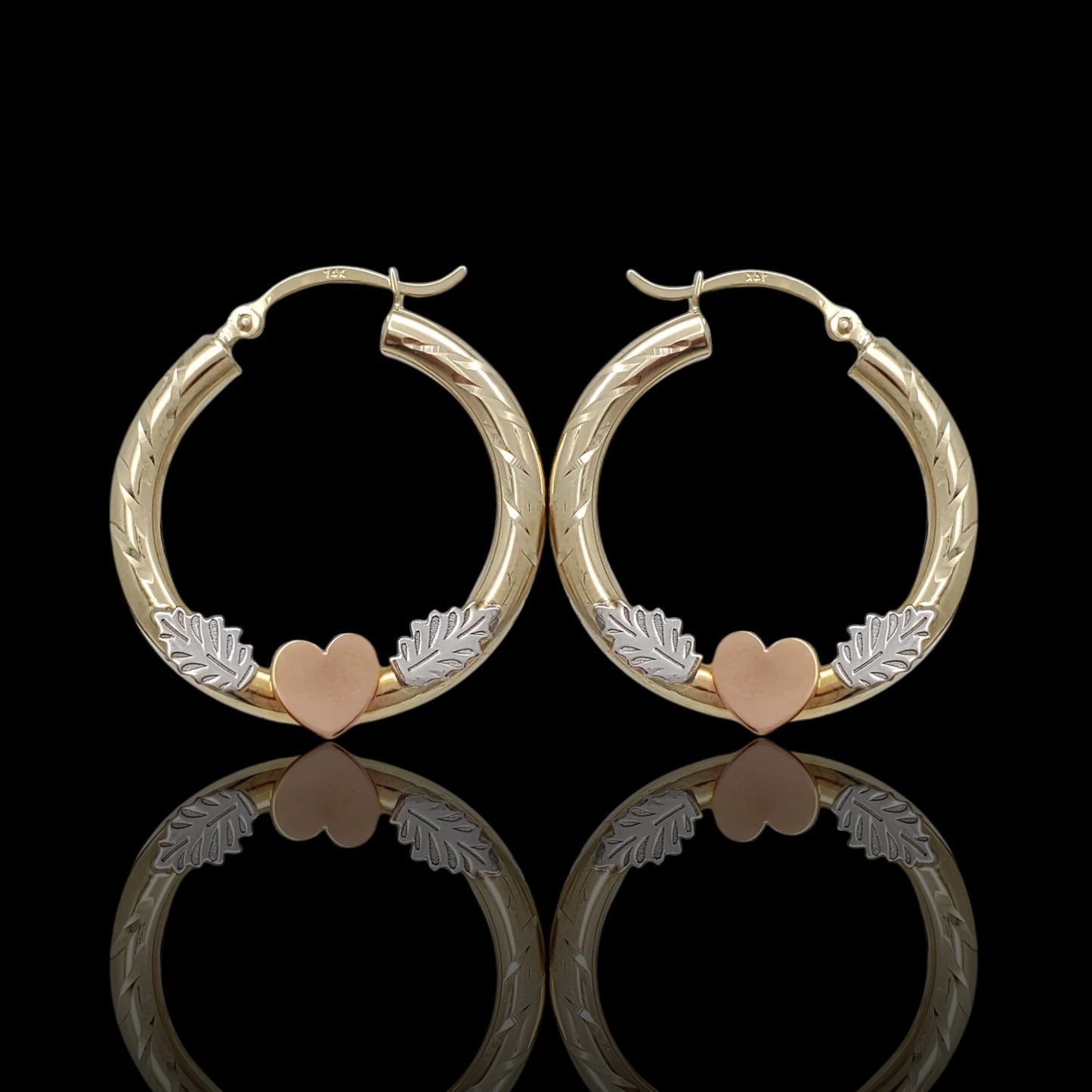 14K Tri-Color Heart & Leaf Hoop Earrings – 30mm