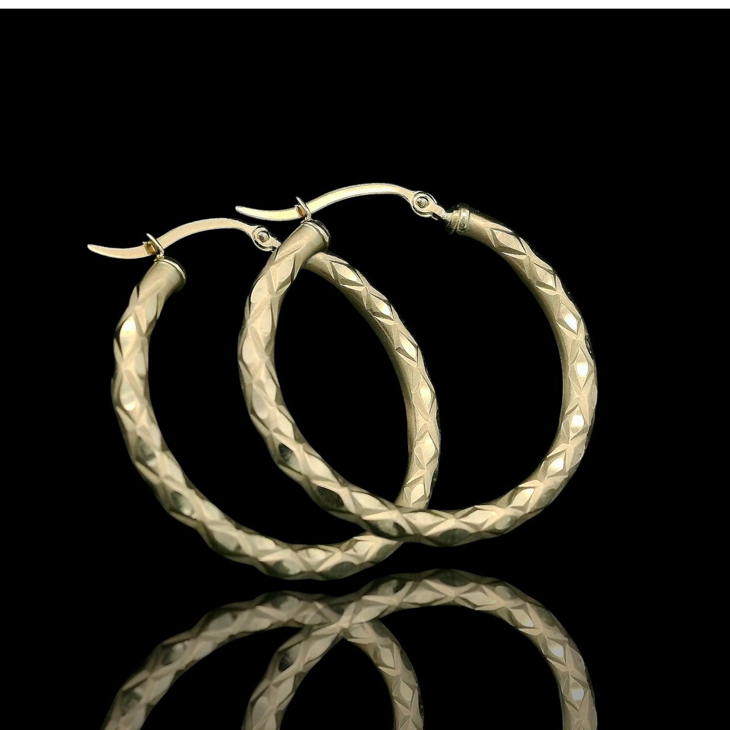 14K Italian Yellow Gold Matte Faceted Fancy Hoops – (3mm Thick by 20mm - 30mm)