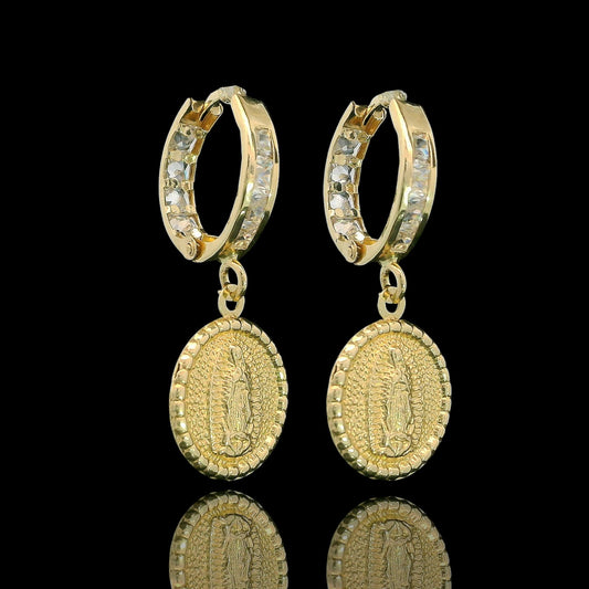 14K Gold Guadalupe Medal 12mm Huggie Hoops