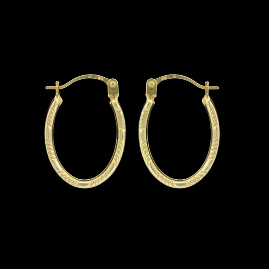 14K Yellow Gold 16mm Textured Oval Hoop Earrings