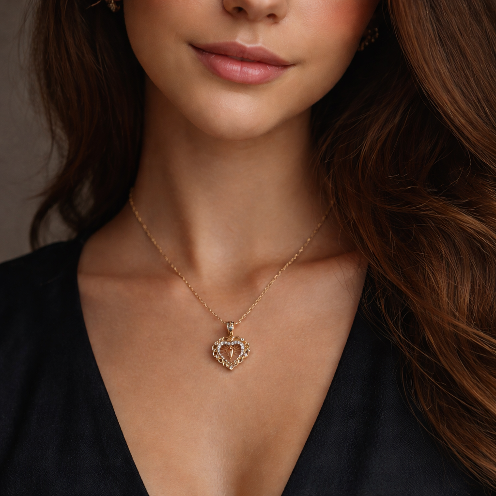 14K Radiating Guadalupe Pendant with CZ Inner Heart & Rose Accents