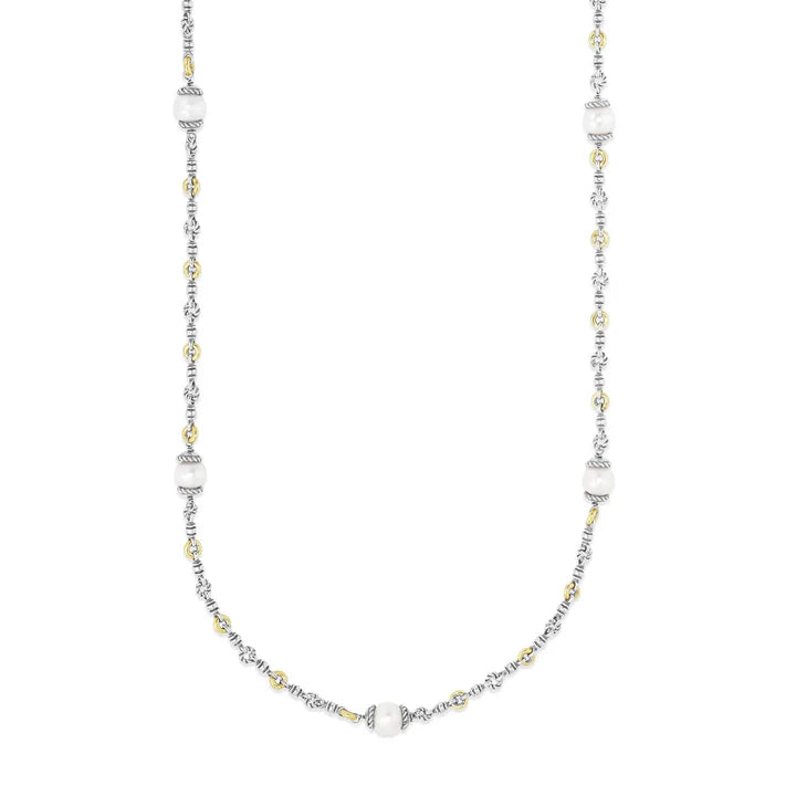 Silver & 18K Gold Cable Link Necklace with Pearls
