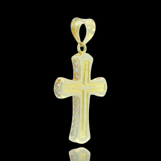 14K Yellow Gold Cross Pendant with Pointed Inner Cross & Side CZ Rail – 24mm