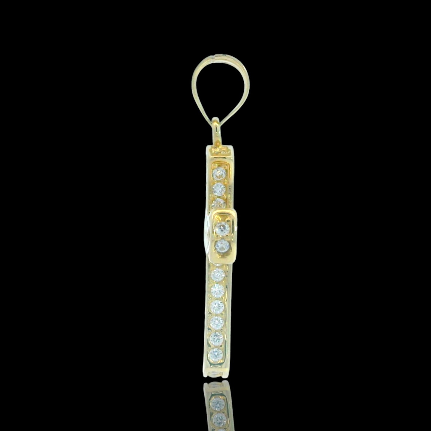 14K Yellow Gold Cross Pendant with Pointed Inner Cross & Side CZ Rail – 24mm
