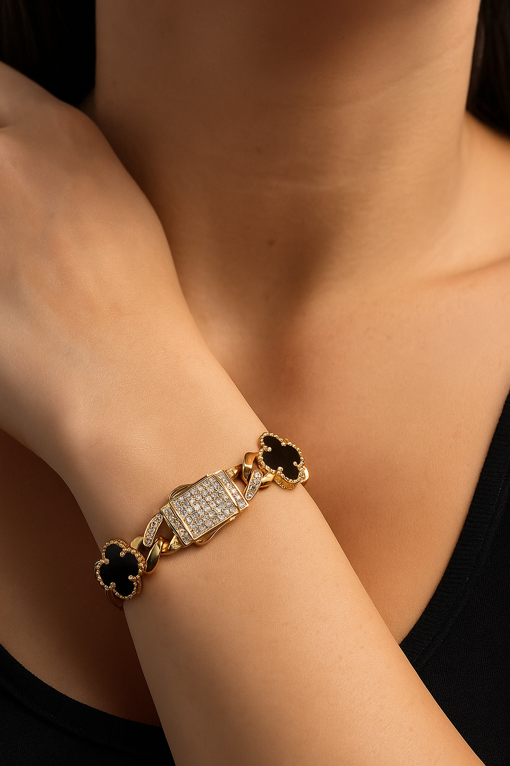 14K Cuban Link Bracelet with Black Flowers 7.5 In.