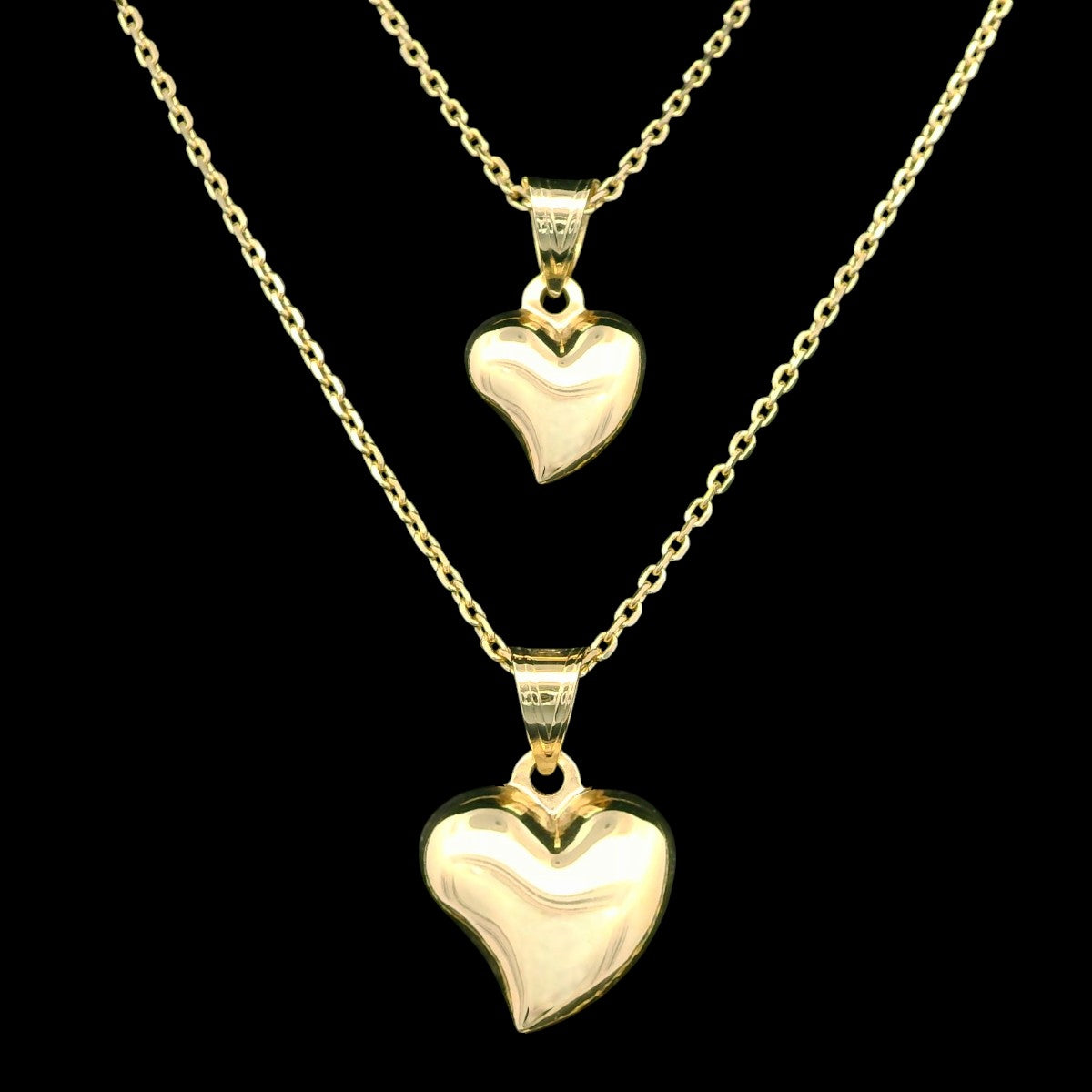 14K Gold Puff Heart Necklace – 16" + 2" Adjustable, 9mm & 13mm