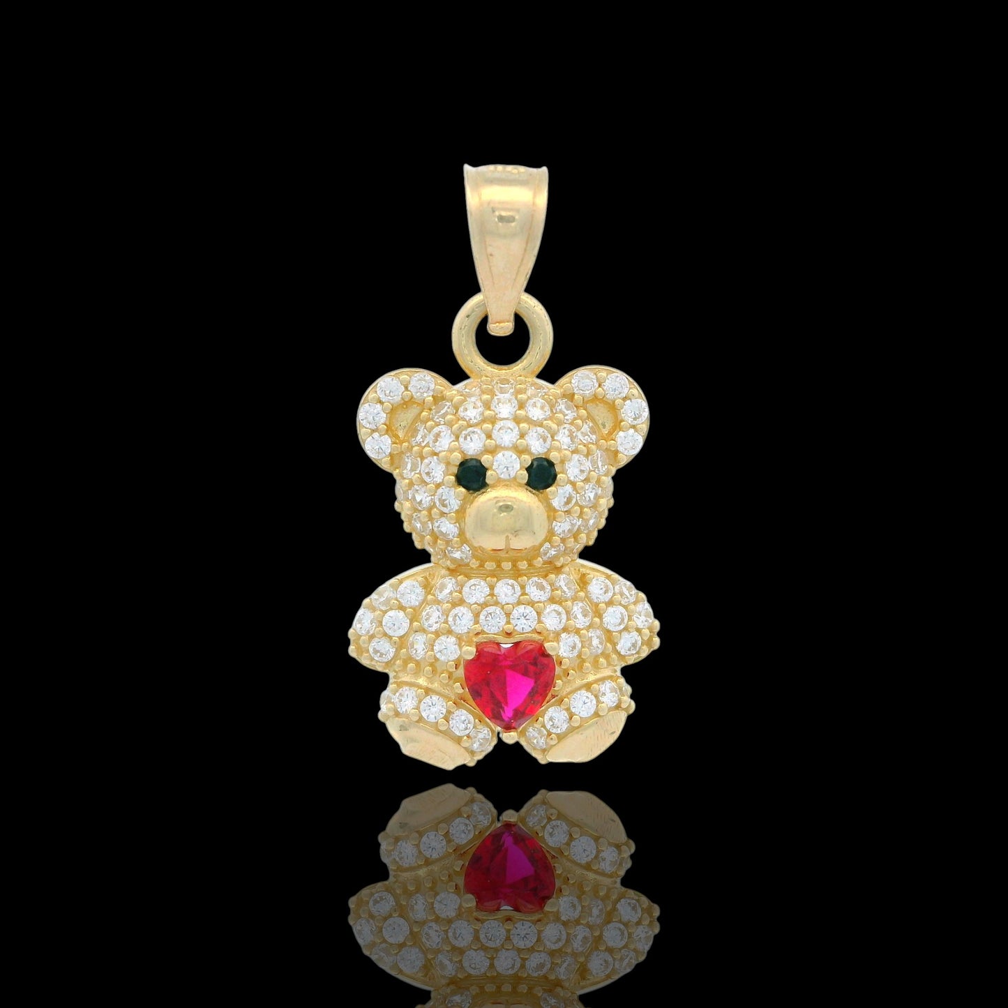 14K Gold Teddy Bear pave Pendant with Colored Heart