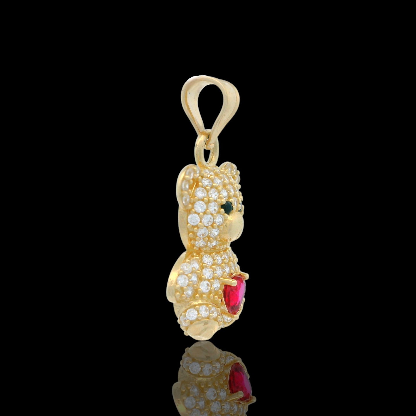 14K Gold Teddy Bear pave Pendant with Colored Heart