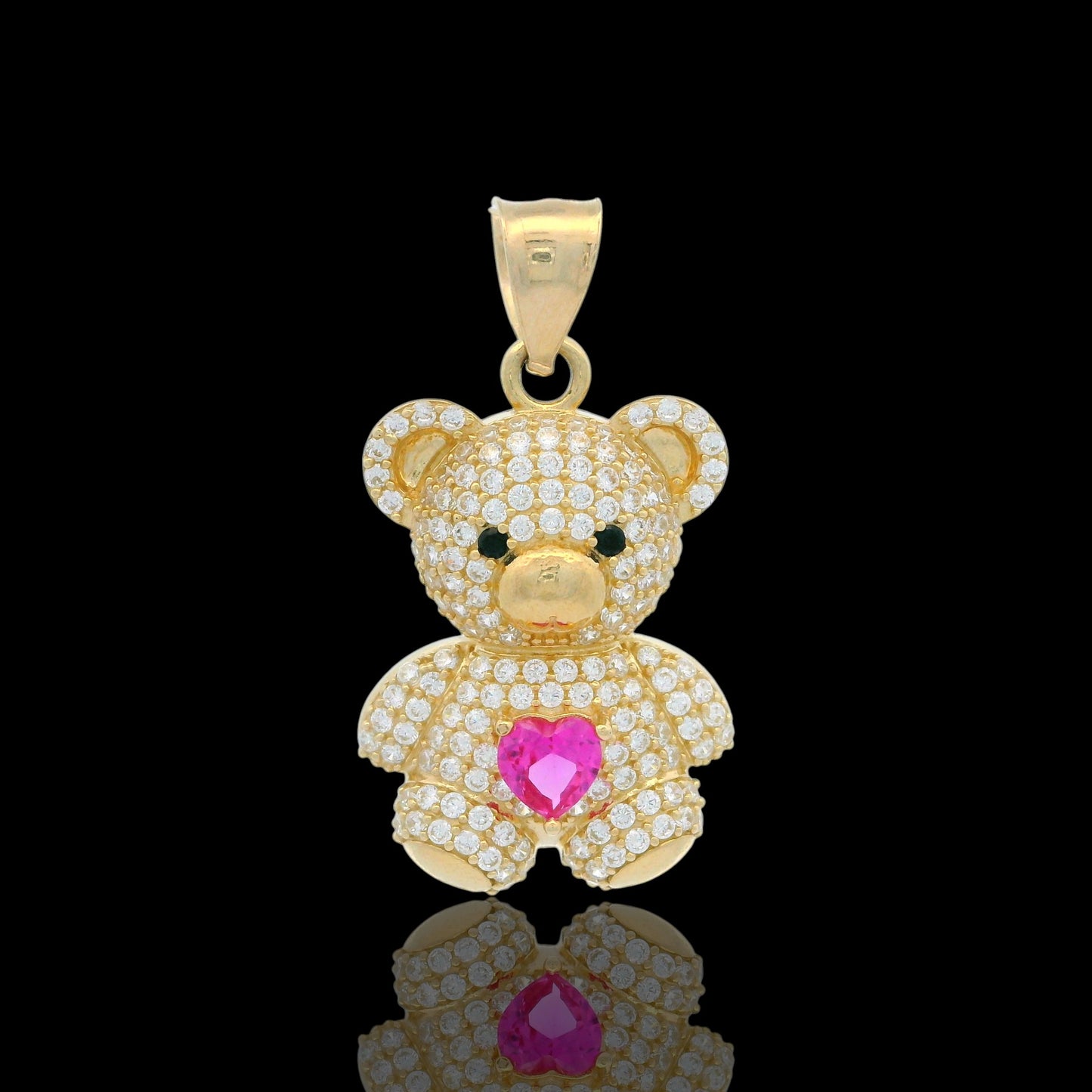 14K Gold Teddy Bear pave Pendant with Colored Heart