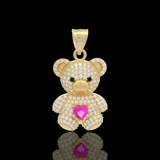 14K Gold Teddy Bear pave Pendant with Colored Heart