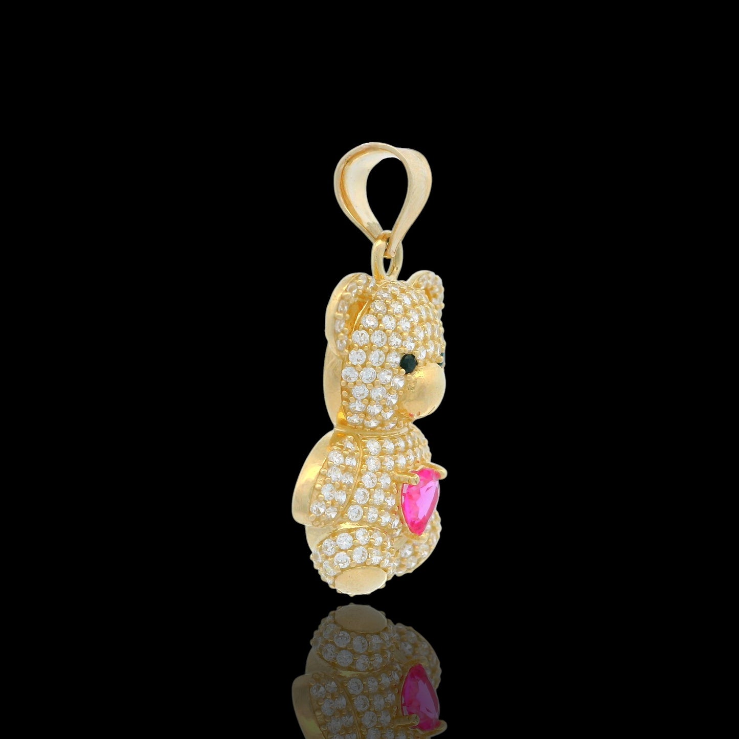 14K Gold Teddy Bear pave Pendant with Colored Heart