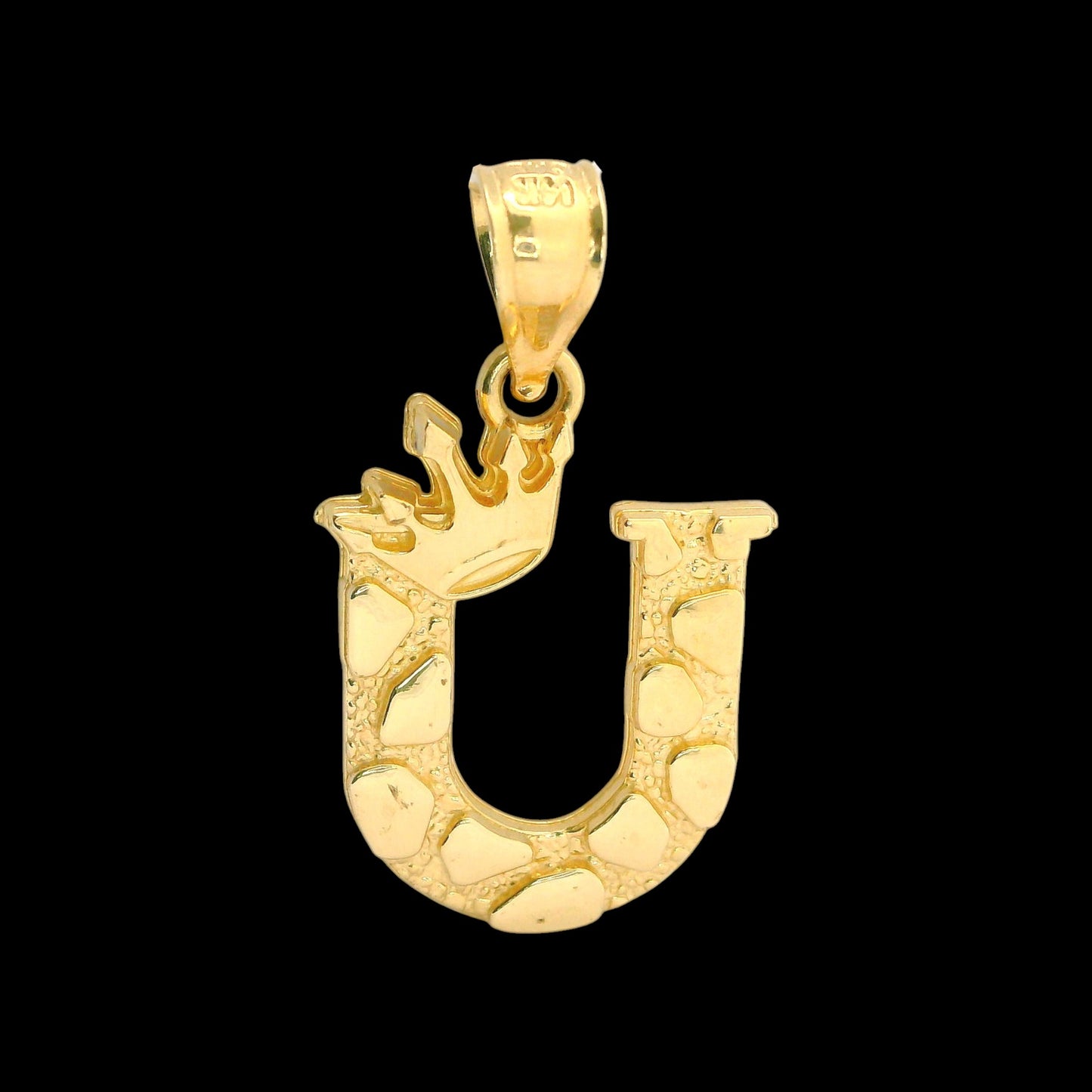 14K Gold Initial Pendant with Crown Nugget Style - 17mm
