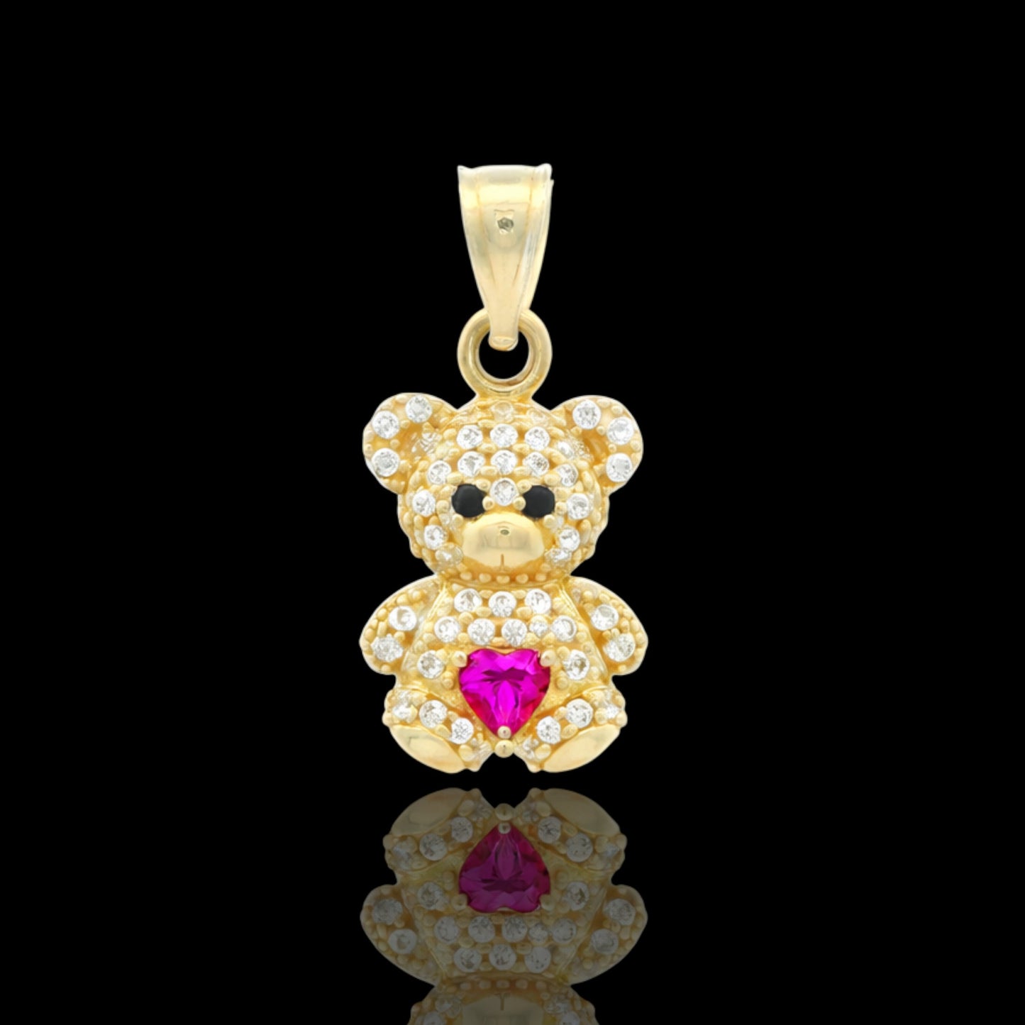 14K Gold Teddy Bear pave Pendant with Colored Heart