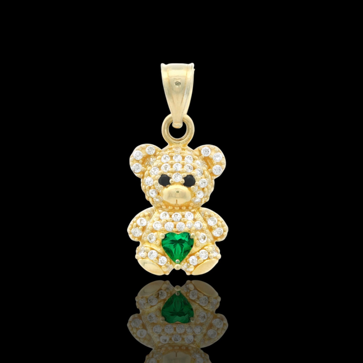 14K Gold Teddy Bear pave Pendant with Colored Heart