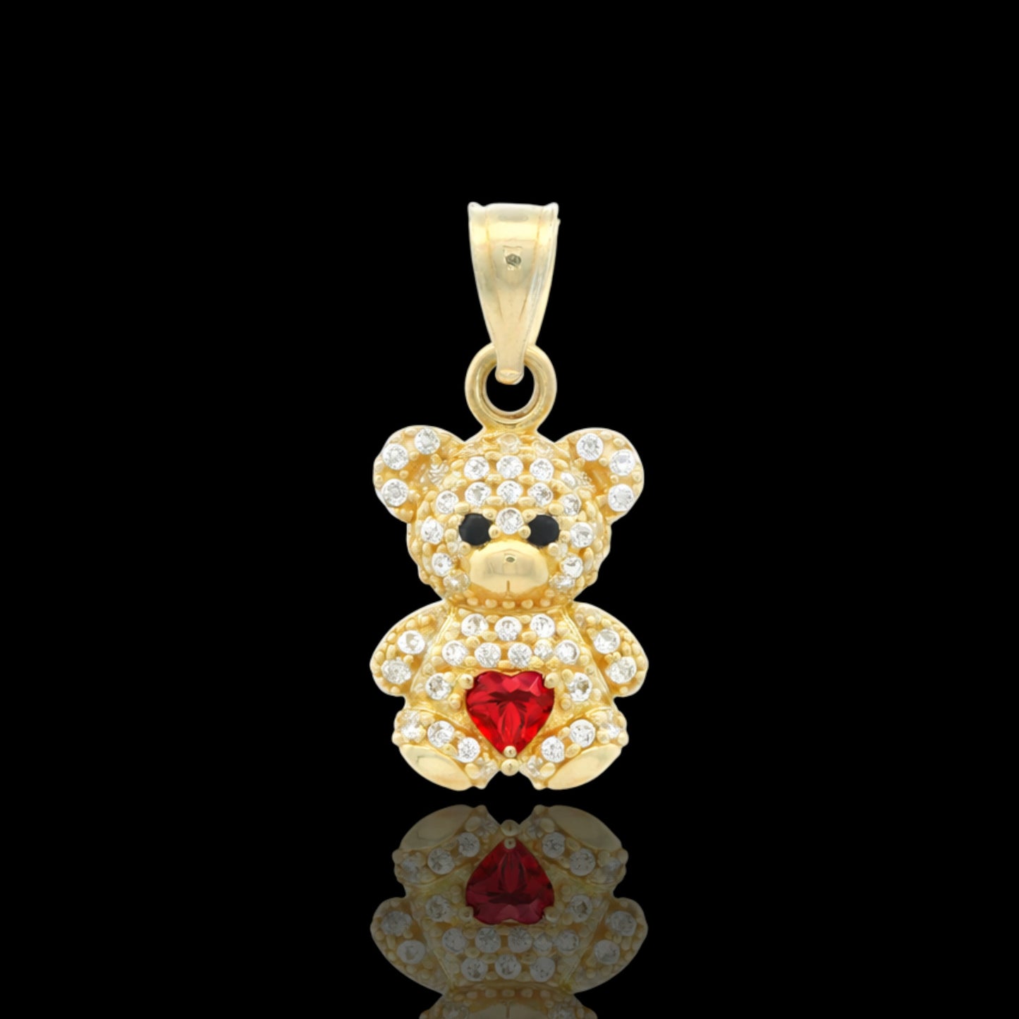 14K Gold Teddy Bear pave Pendant with Colored Heart