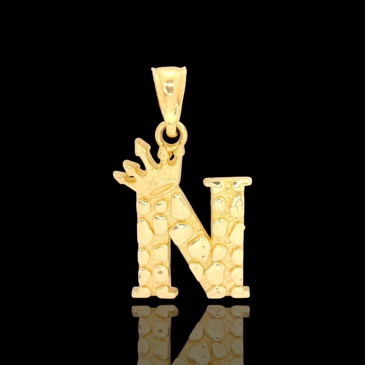 14K Gold Initial Pendant with Crown Nugget Style - 17mm