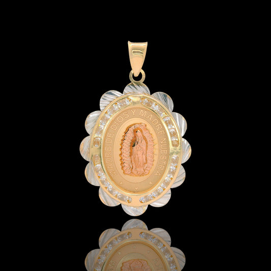 14K Tri-Color Guadalupe Medal Pendant with CZ