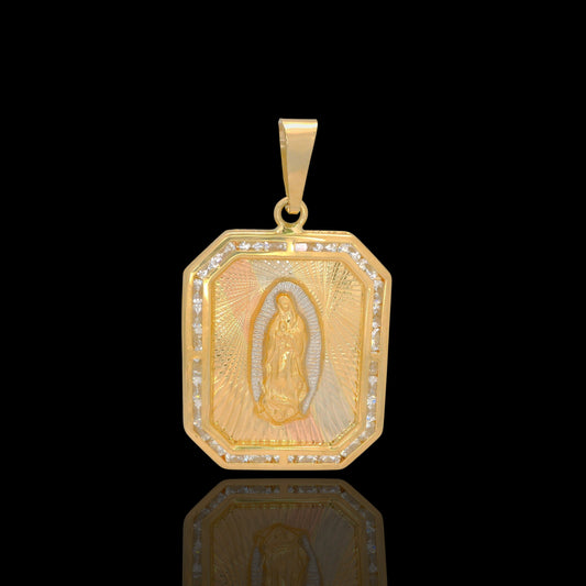 14K Diamond Cut Tri-Color Virgin of Guadalupe Rectangular Pendant with CZ