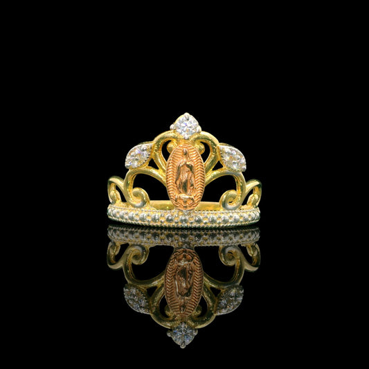 14K Solid Gold Virgin of Guadalupe Crown Ring (15mm) with Sparkling Accents