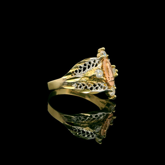 14K Solid Gold Virgin of Guadalupe Ring (15mm) – Tri-Color Filigree with Sparkling Stones