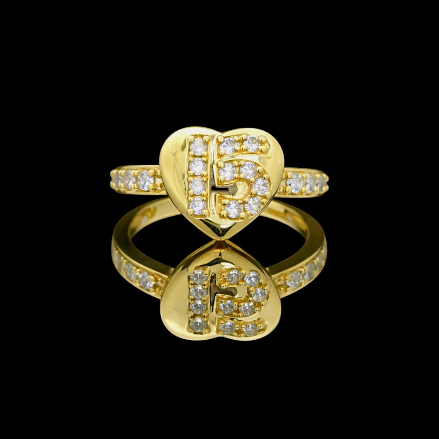 14K Solid Gold Heart “15” Ring (9.8mm) with Sparkling Stones