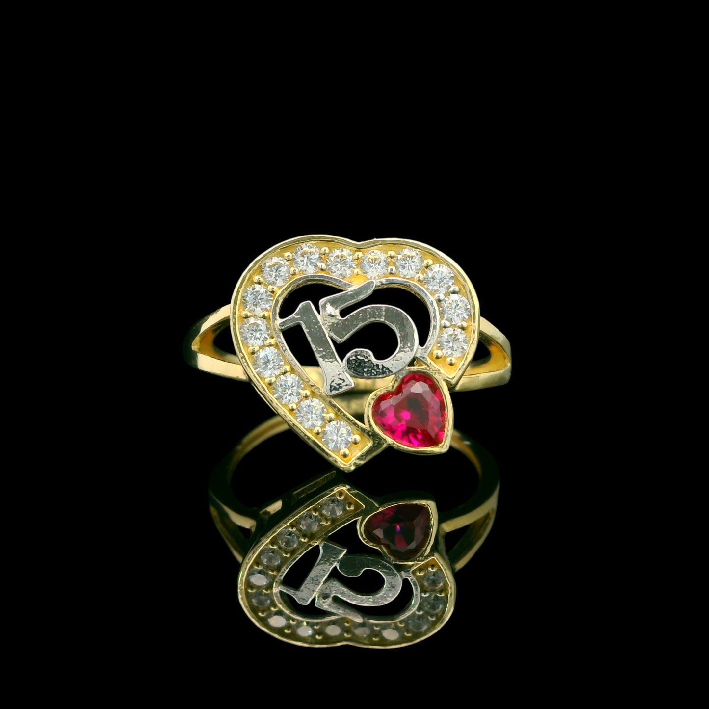 14K Solid Gold Quinceañera “15” Heart Ring with Ruby-Red Heart Accent