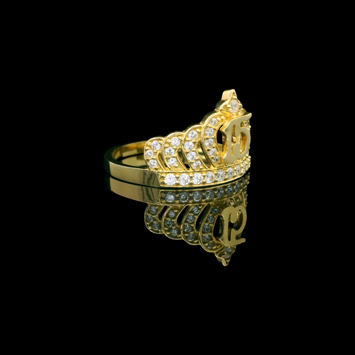 14K Solid Gold Quinceañera Crown “15” Ring (12mm) with Sparkling Stones