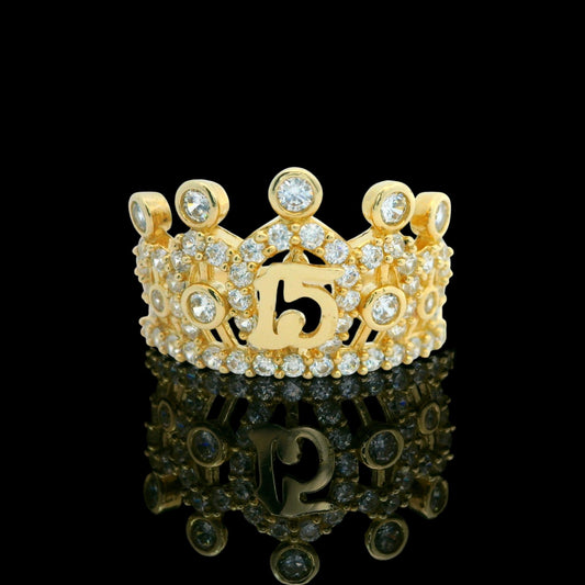 14K Solid Gold Queen Crown “15” Ring (14mm) – Fully Iced Sparkle