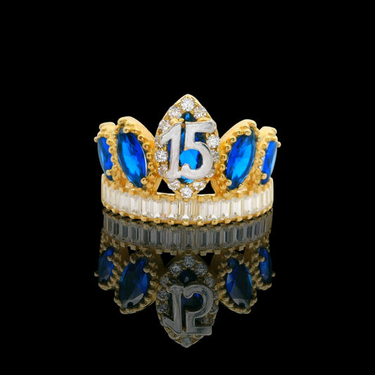 14K Gold Quinceañera Crown “15” Ring with Marquise Stones & Baguette Band