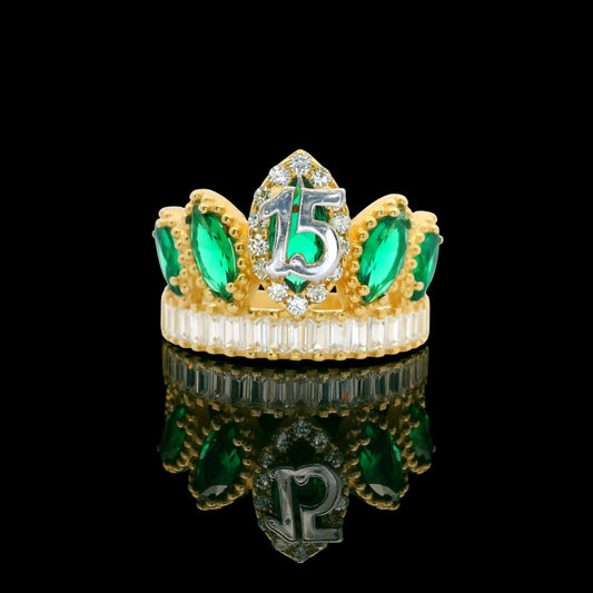 14K Gold Quinceañera Crown “15” Ring with Marquise Stones & Baguette Band