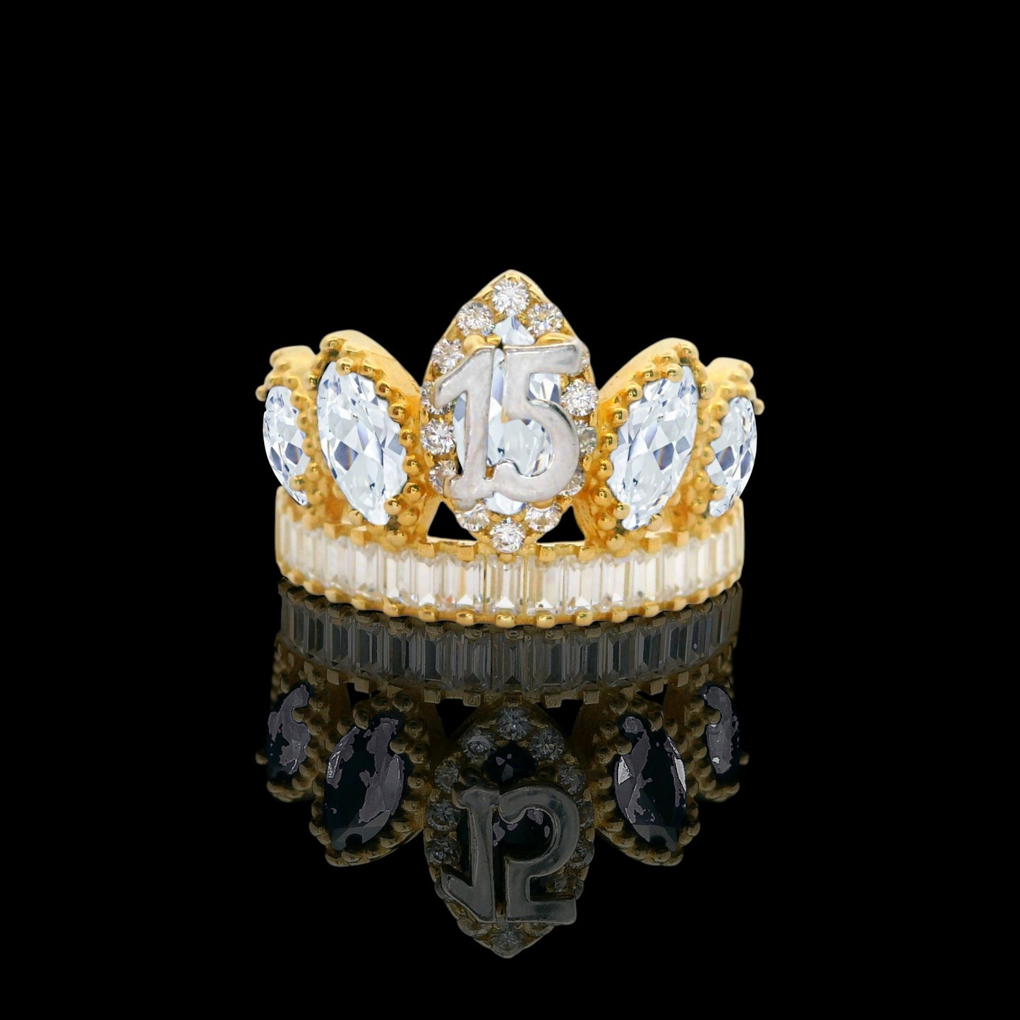 14K Gold Quinceañera Crown “15” Ring with Marquise Stones & Baguette Band