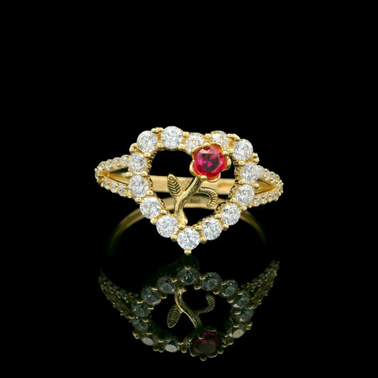 14K Heart & Rose Ring with CZ Halo – 12mm