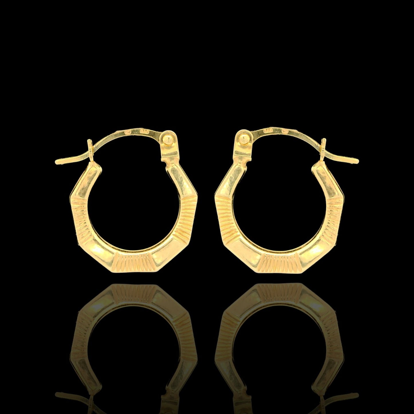 14K Solid Yellow Gold Polished Ribbed Texture Octagon Mini Hoop Earrings - 12mm