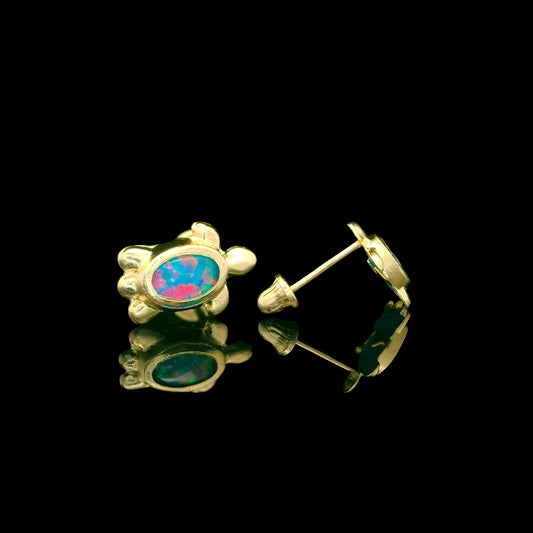 14K Turtle Stud Earrings with Lab-Created Opal – 9mm