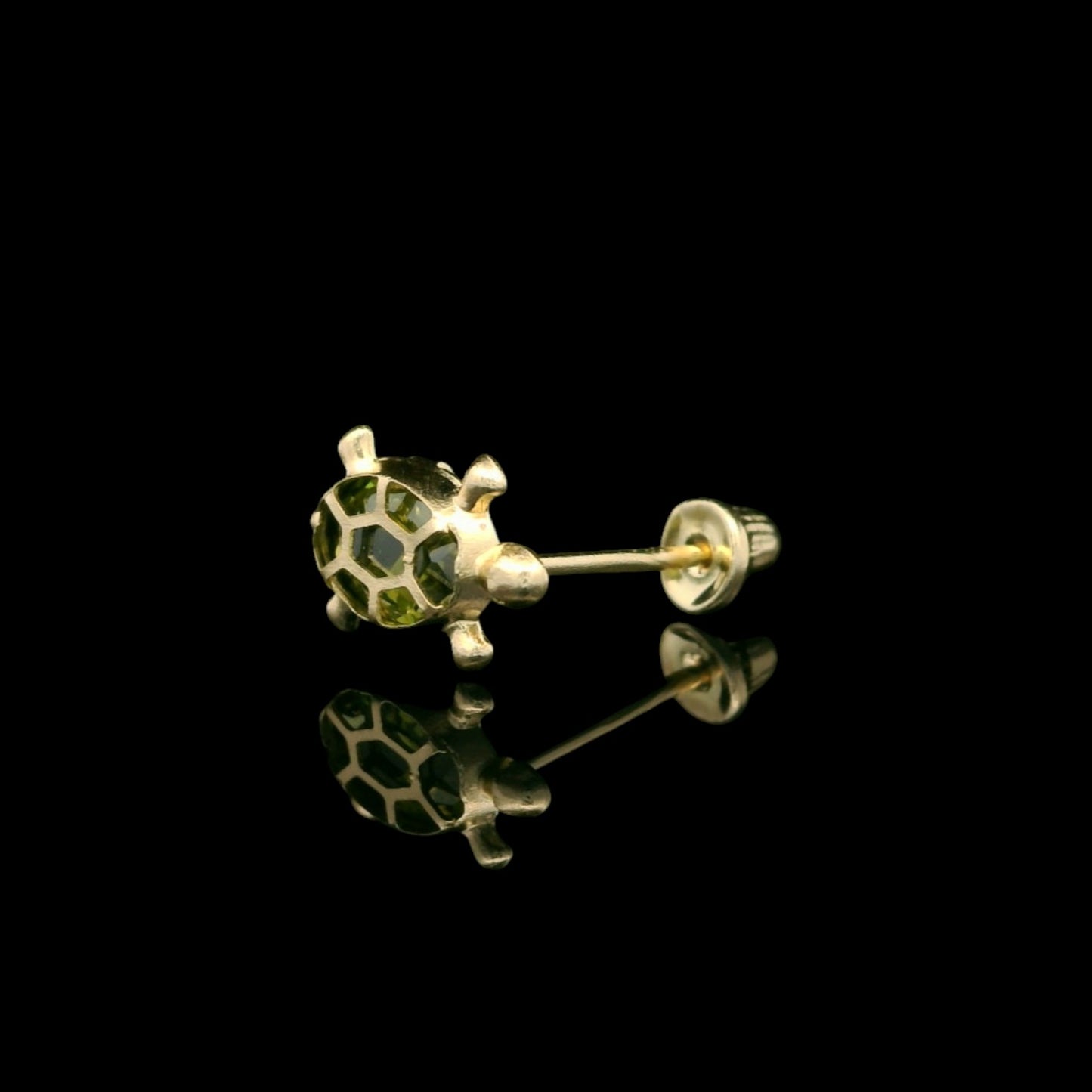 14K Gold Turtle Stud Earrings with Inlaid Oval CZ - 9mm